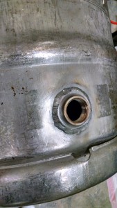 Closeup of the spud welded in