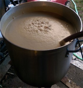 25 gallons of panela pumping into the fermenter.